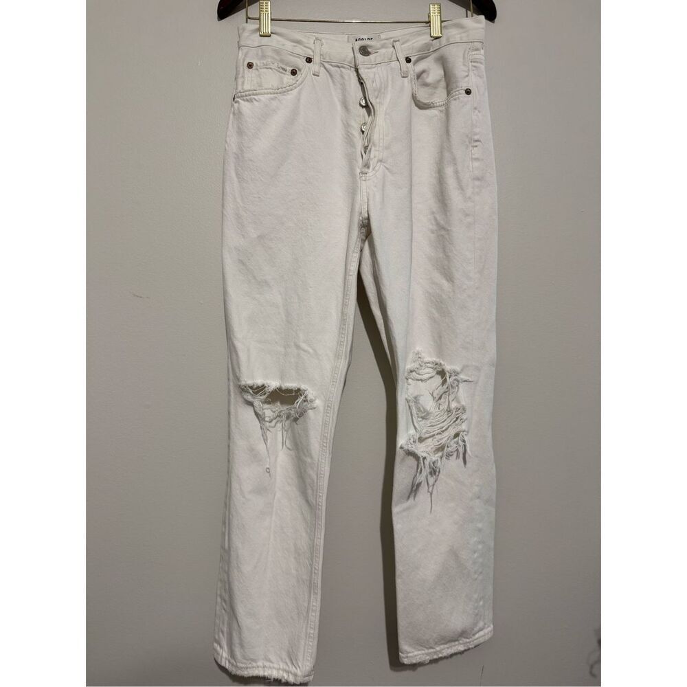 Agolde Button-Fly Riley High Rise Distressed Straight Crop Jeans Sz 28 Off White